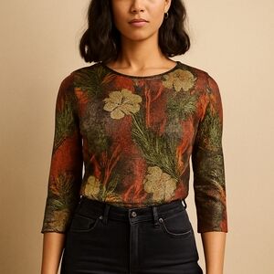 Vtg Jacquard Floral Top M Metallic 3/4 Sleeve Deep Green Orange Fall Y2K Retro